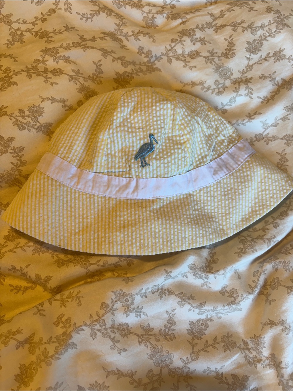Yellow Seersucker Bucket Hat with Embroidered Heron